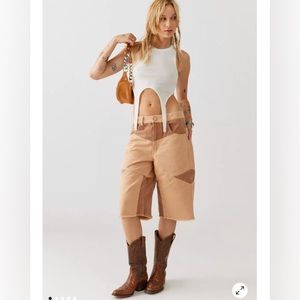SOLD}Urban Outfitters BDG Skater Girl Denim Shorts •
Seamed Sand